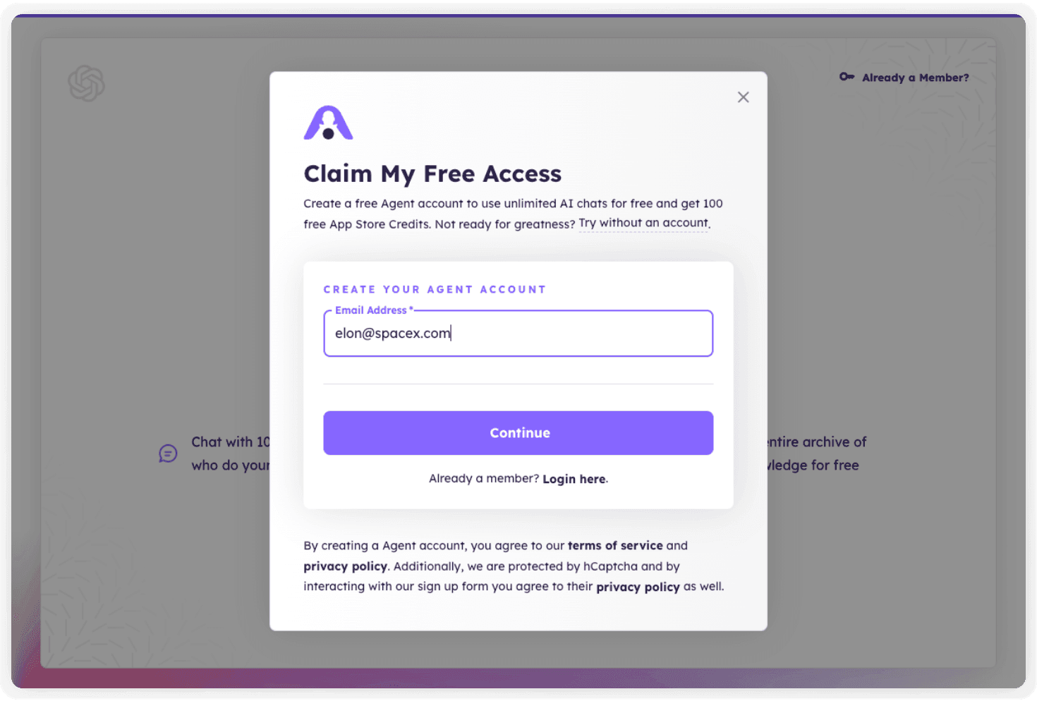 A screenshot of the Agent.so "Signup to Chat With Cuckoo" Page